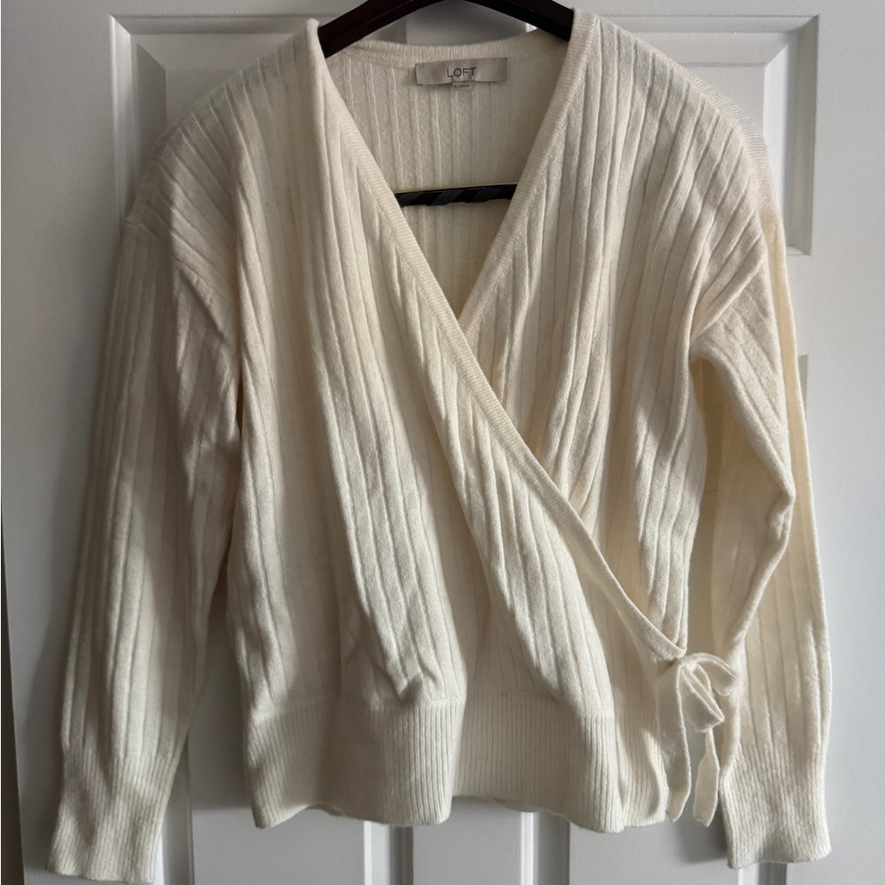 LOFT Ivory V-Neck Long Sleeved Wrap Sweater